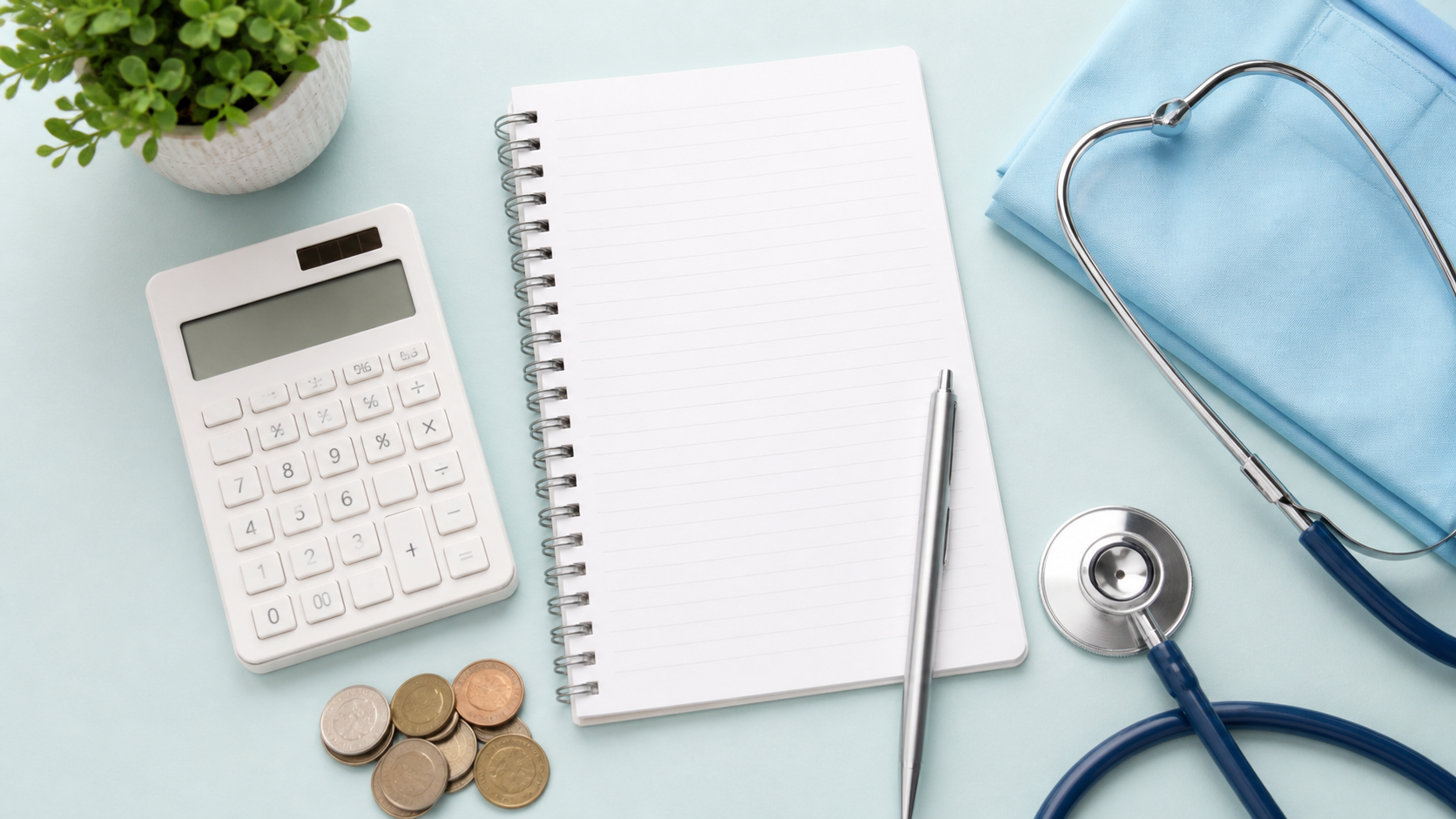 Calculadora, moedas, caderno e estetoscópio para organizar os gastos com saúde