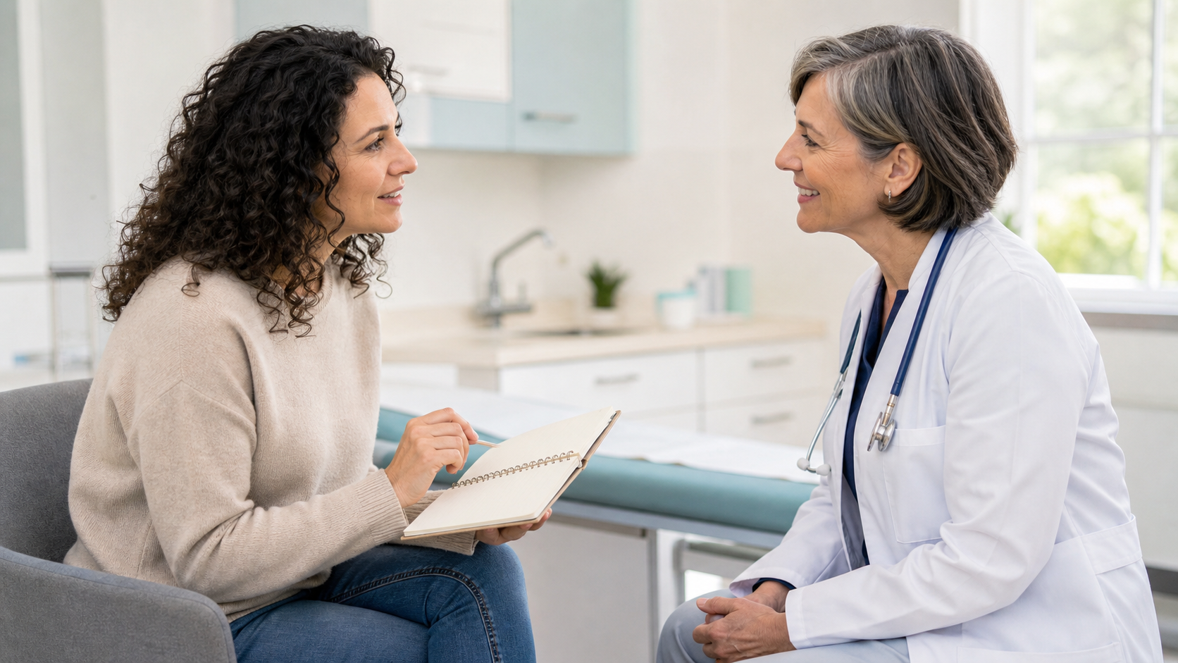 Mulher com um caderno de dúvidas conversando com sua médica